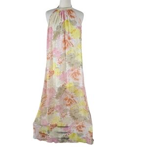 Aakaa High Neck Halter Floral Maxi Dress M Open Back Sheer Light & Flowy